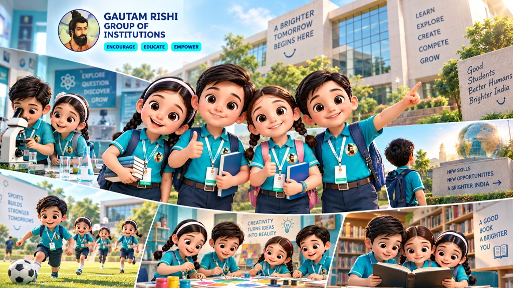 Gautam Rishi student life, robotics, sports, library and creative arts mascot collage