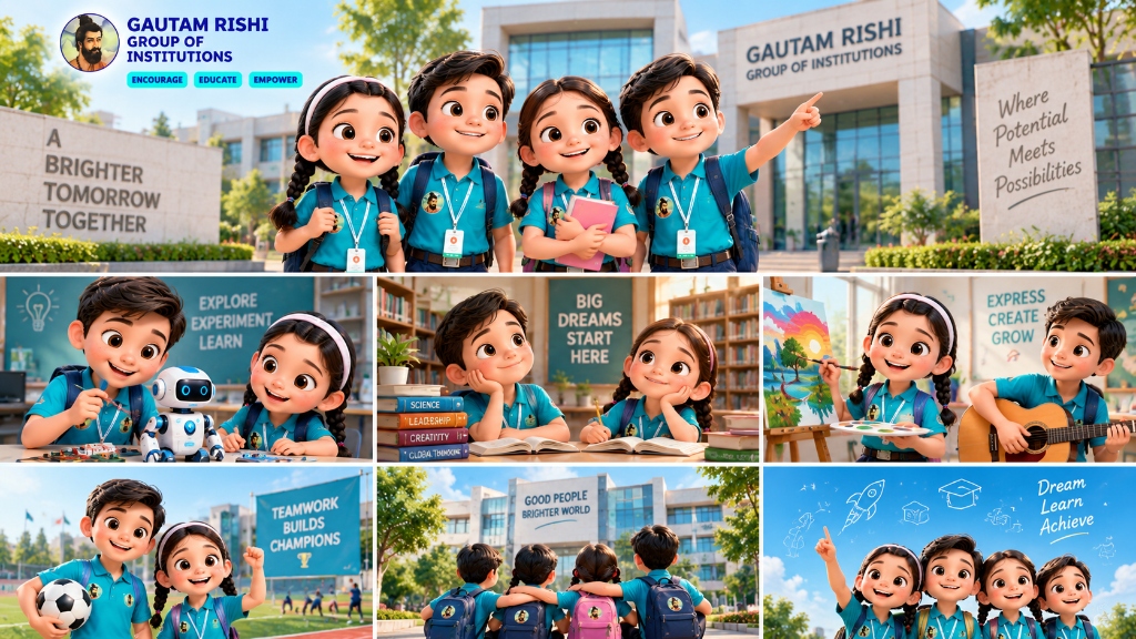 Gautam Rishi launchpad for life - science labs, sports, creative arts and library mascot collage